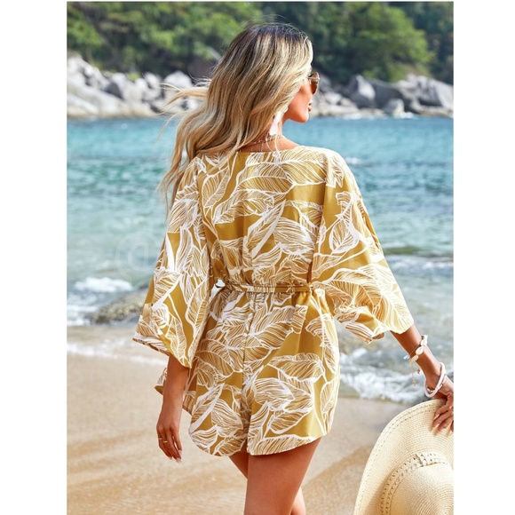Leaf Tropical Print Mustard Yellow Romper Belted V-Neck, Surplice Batwing Sleeve - Picture 2 of 7